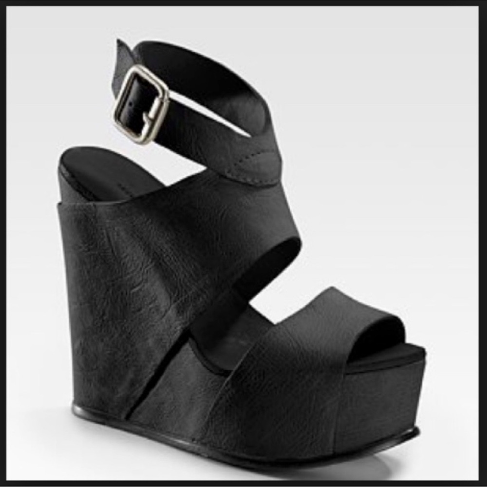 Vera Wang Lavender Label Black Leather Wedge Sandals with Ankle Buckle